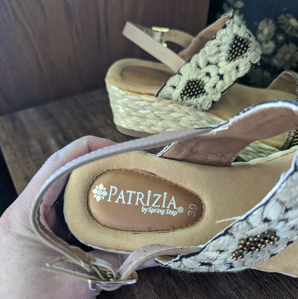Patrizia by Spring Step Floral Stitched Wedge Heel Beaded Embellishments Size 8